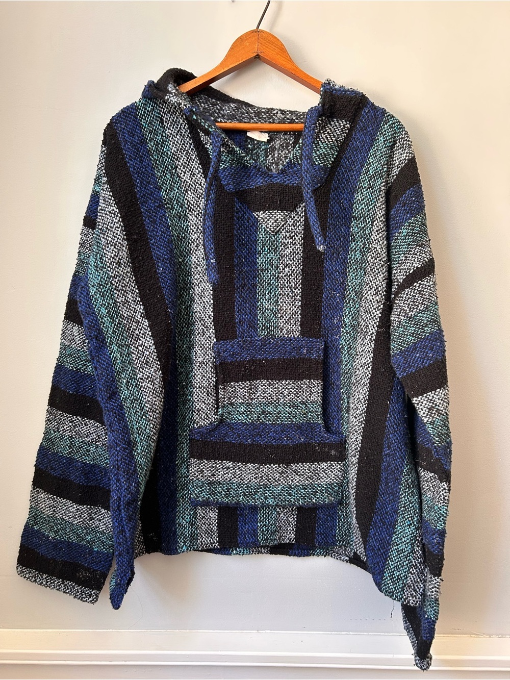 Vintage 1990s Drug Rug Baja Hoodie Mexican Poncho Hippie Pullover Blue/Black XL